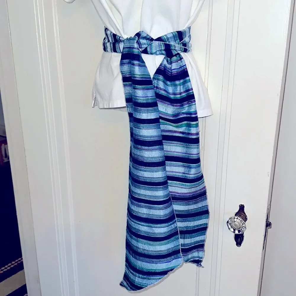 Striped‎ light blue, purple, green, red & navy blue striped shantung silk scarf